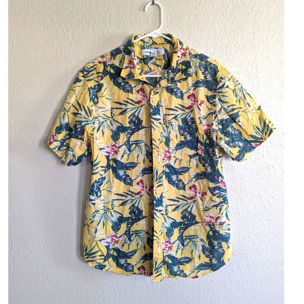 Old Navy Hawaiian Shirt Sz L Slim Fit Stretch Yellow